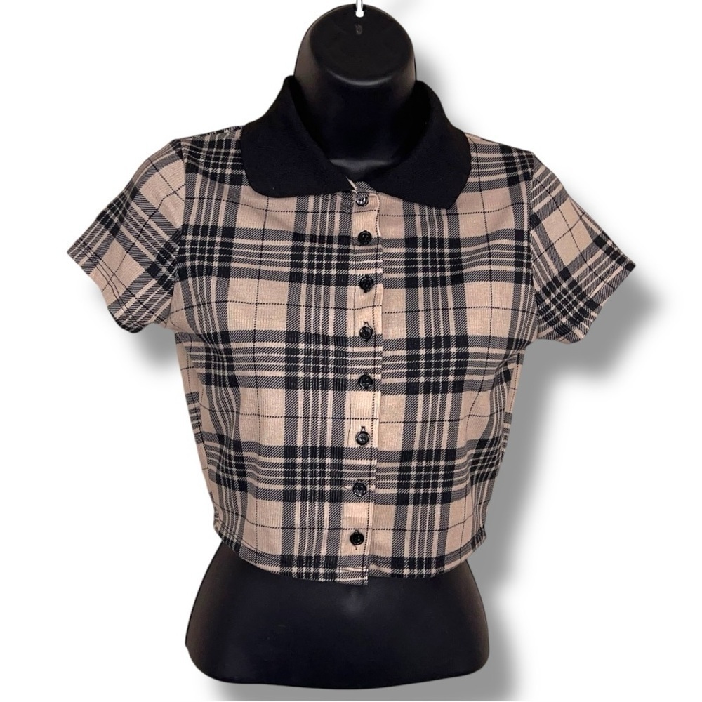Small Juniors Faded Rose Plaid Crop Top Academia Preppy Beige Black Stretch